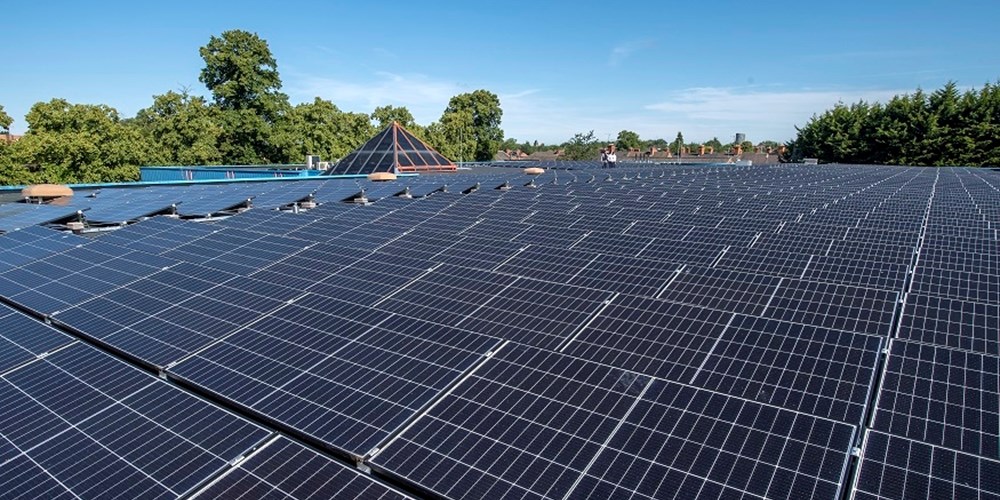 Solar panel array on the roof of Aylestone Leisure Centre