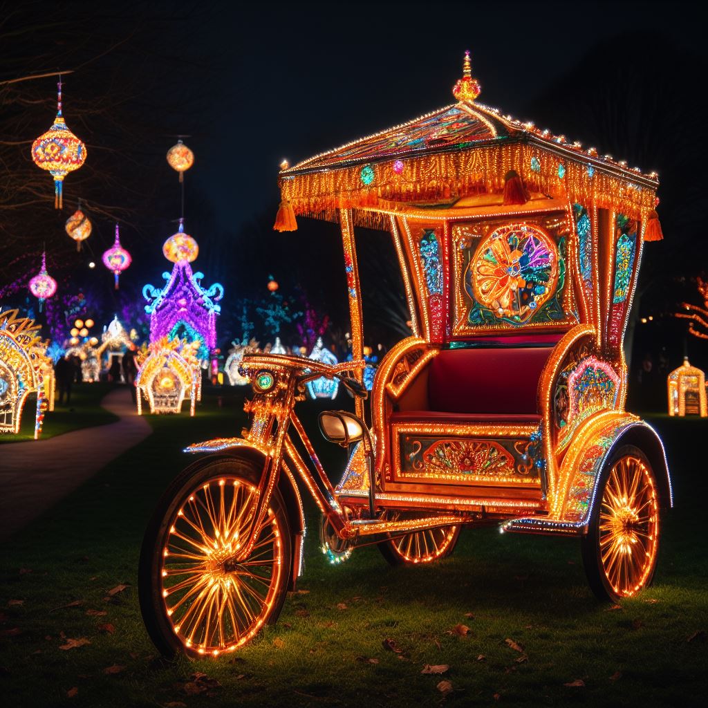 A golden rickshaw decorated with colourful lights