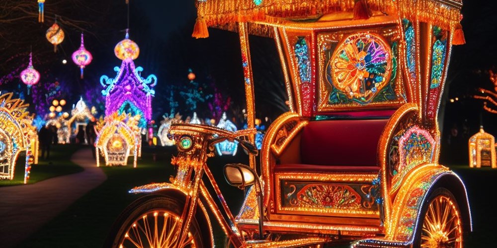 A golden rickshaw decorated with colourful lights