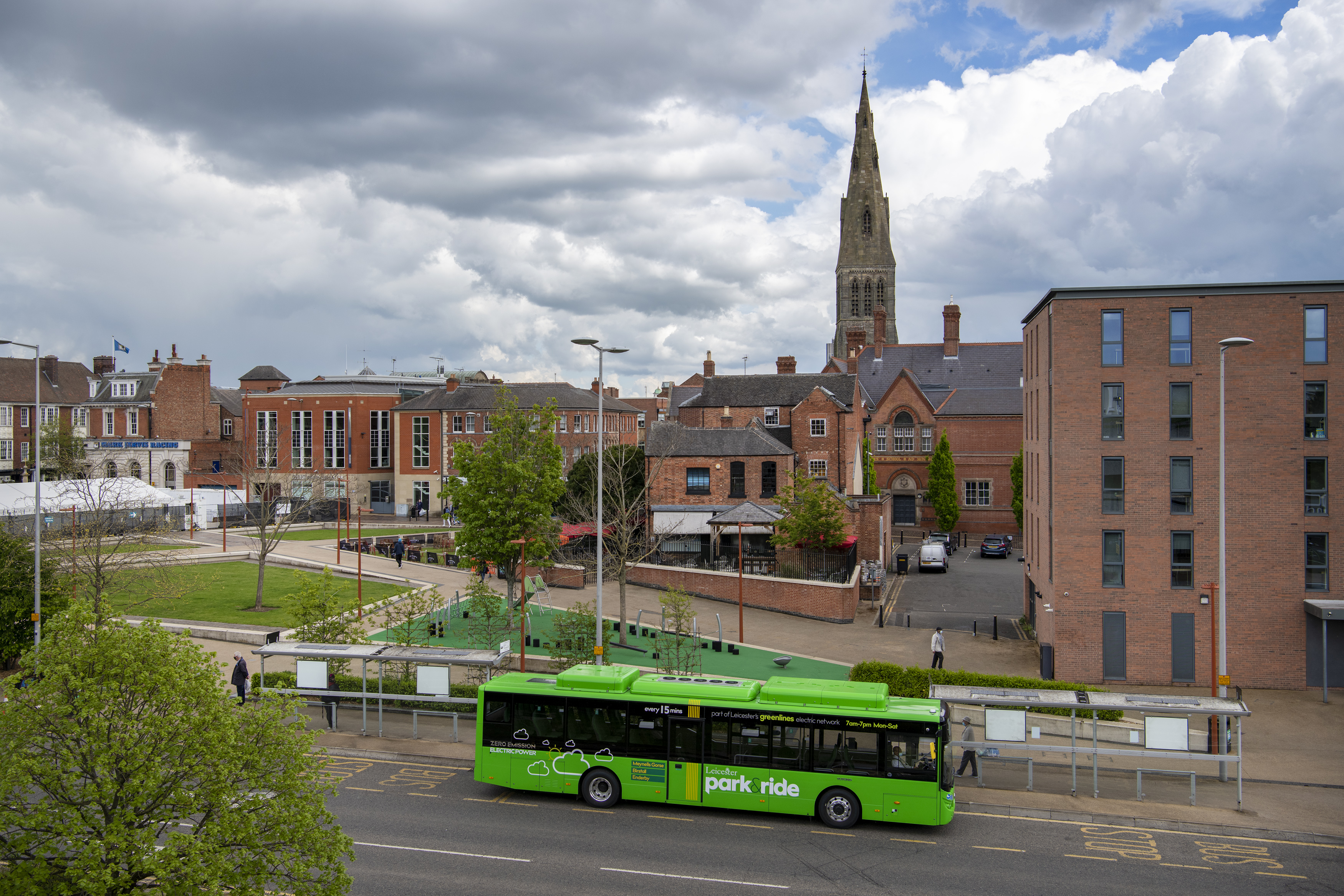 Green bus in Leicester
