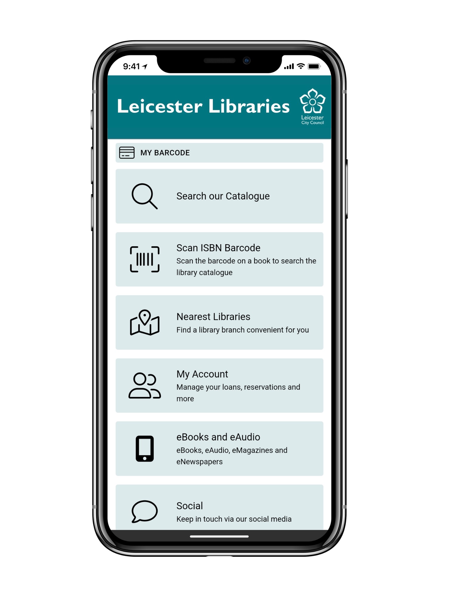 New Leicester libraries app on a smartphone