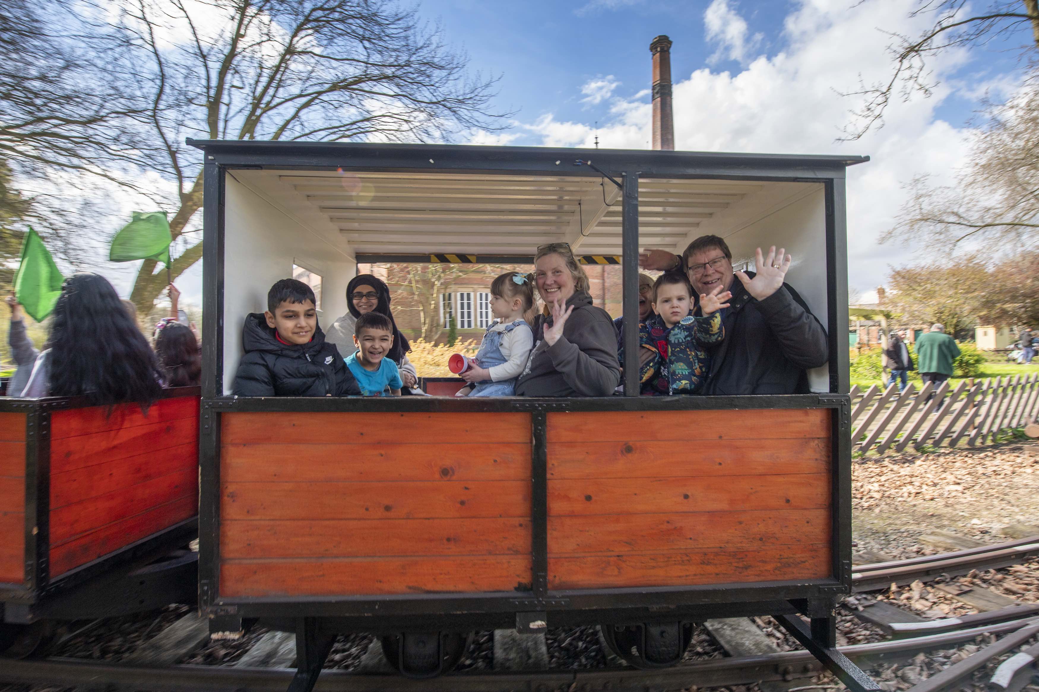 Families enjoy a ride on the train at Abbey Pumping Station