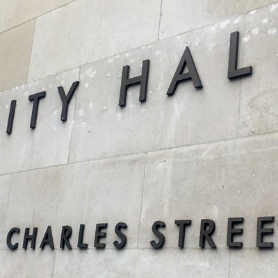 A close-up of the lettering on City Hall in Leicester