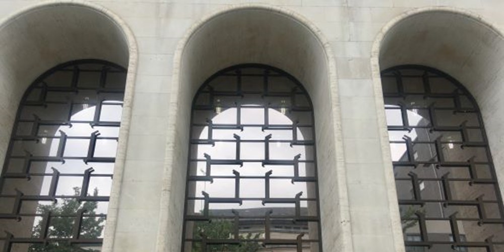 Three large arch shaped windows in City Hall