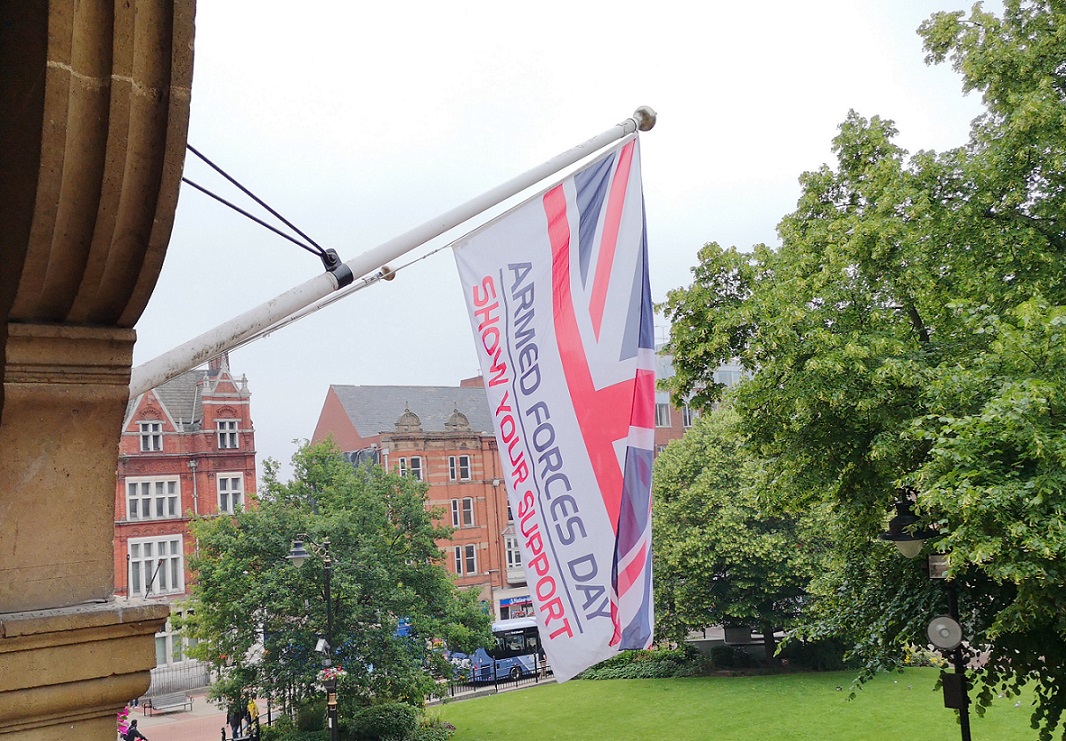 The Flag of the Armed Forces flying from the Town Hall
