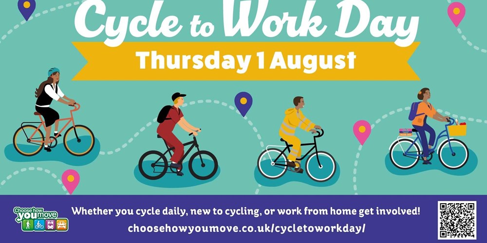 A colourful cartoon graphic with Cycle to Work Day August 1st on it.
