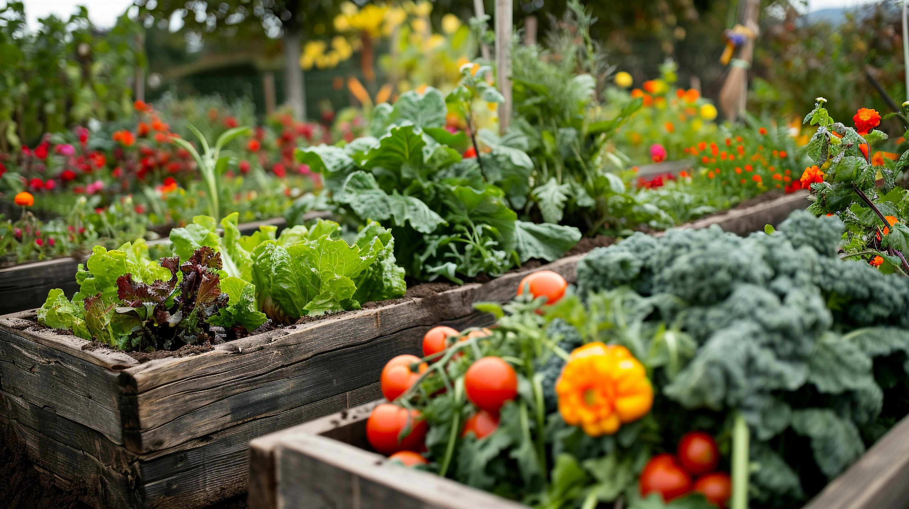 Vegetables growing in raised beds