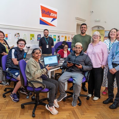 Members of the 'Values' study group with Cllr Dempster and library staff at Leicester's central library
