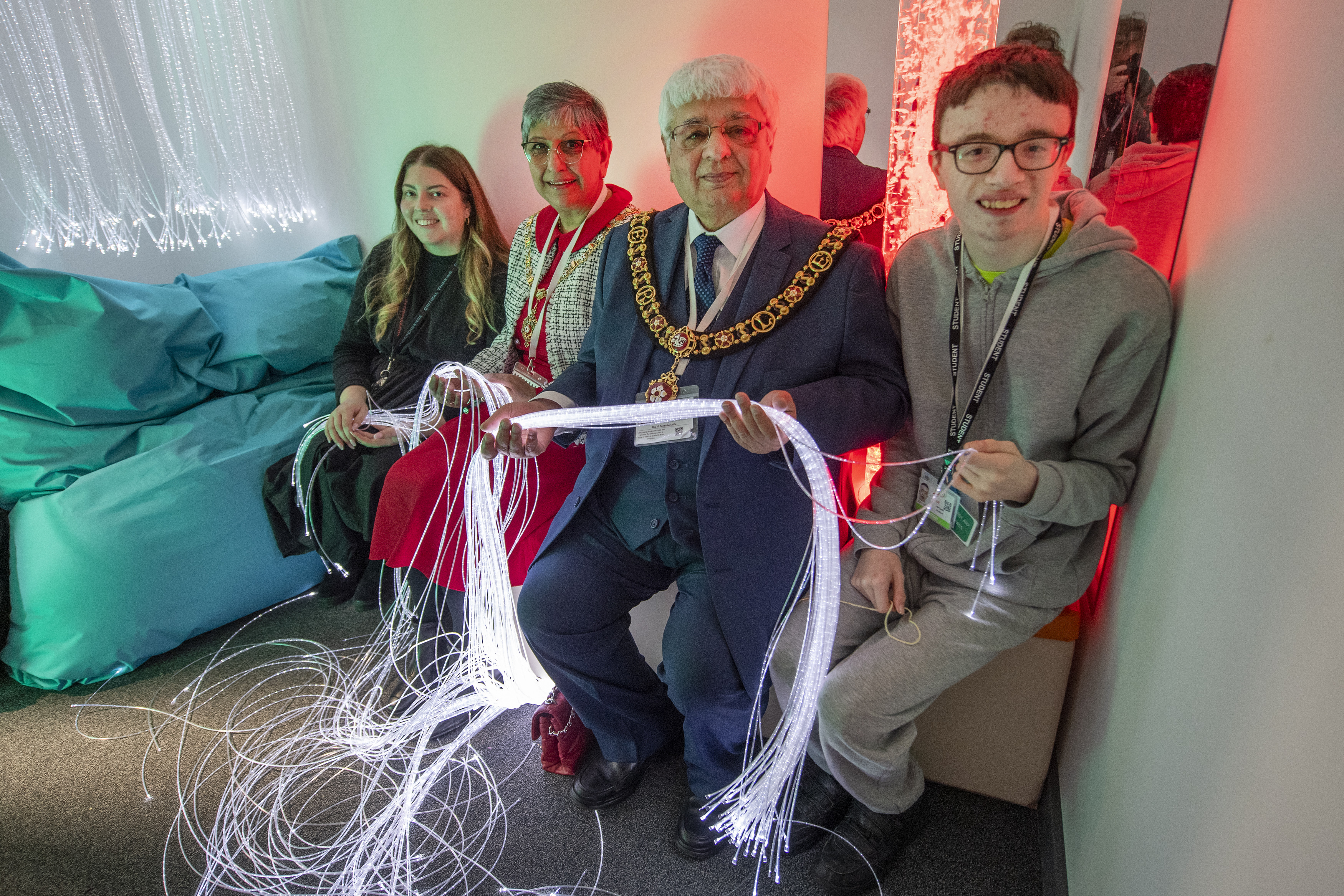 Picture shows l-r Laura Pennifold, SEND co-ordinator at the City of Leicester College, the Lady Mayoress, Usha Dave, Lord Mayor Cllr Bhupen Dave and Ben Shadbolt in the new sensory room at the City of Leicester College.
