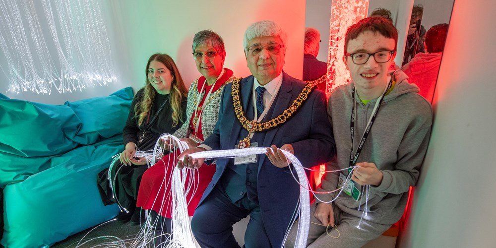 Picture shows l-r Laura Pennifold, SEND co-ordinator at the City of Leicester College, the Lady Mayoress, Usha Dave, Lord Mayor Cllr Bhupen Dave and Ben Shadbolt in the new sensory room at the City of Leicester College.