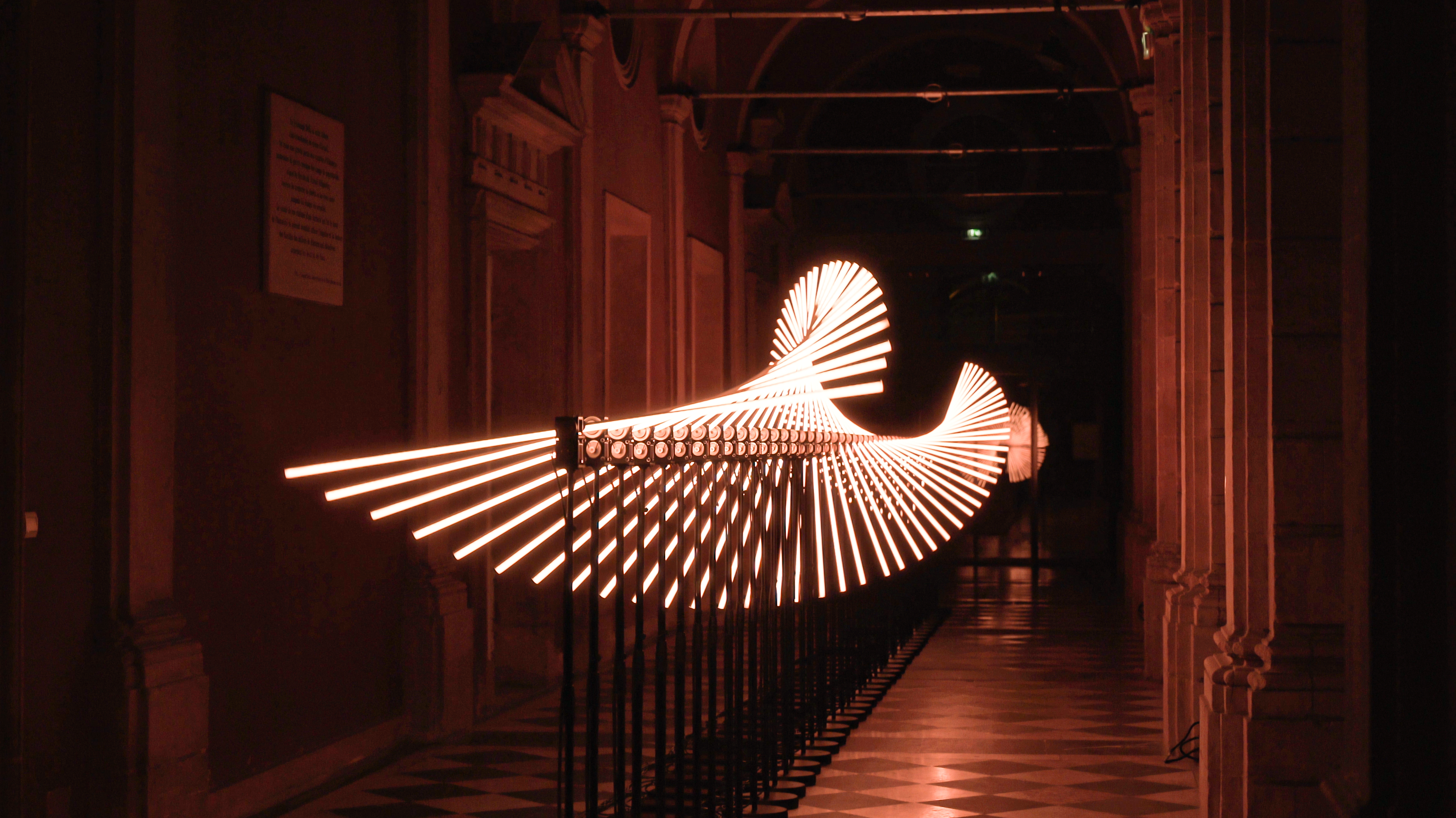 Pictured is Double Flux, pulsating waves of light from a mesmerising kinetic sculpture, Bath House Lane