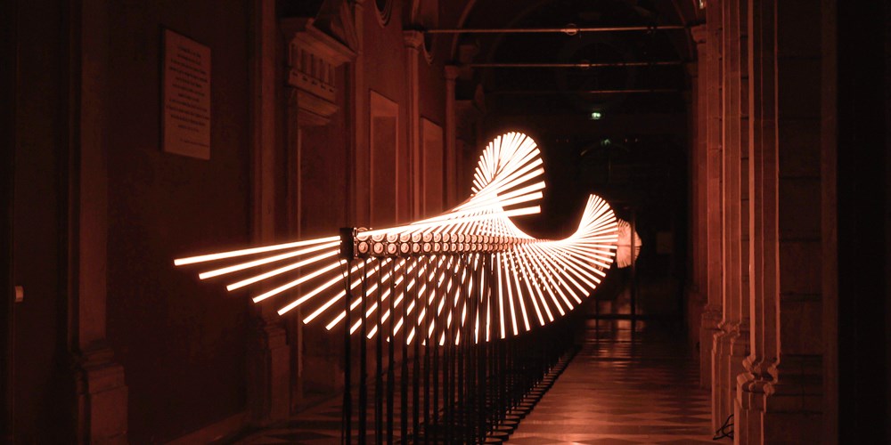 Pictured is Double Flux, pulsating waves of light from a mesmerising kinetic sculpture, Bath House Lane