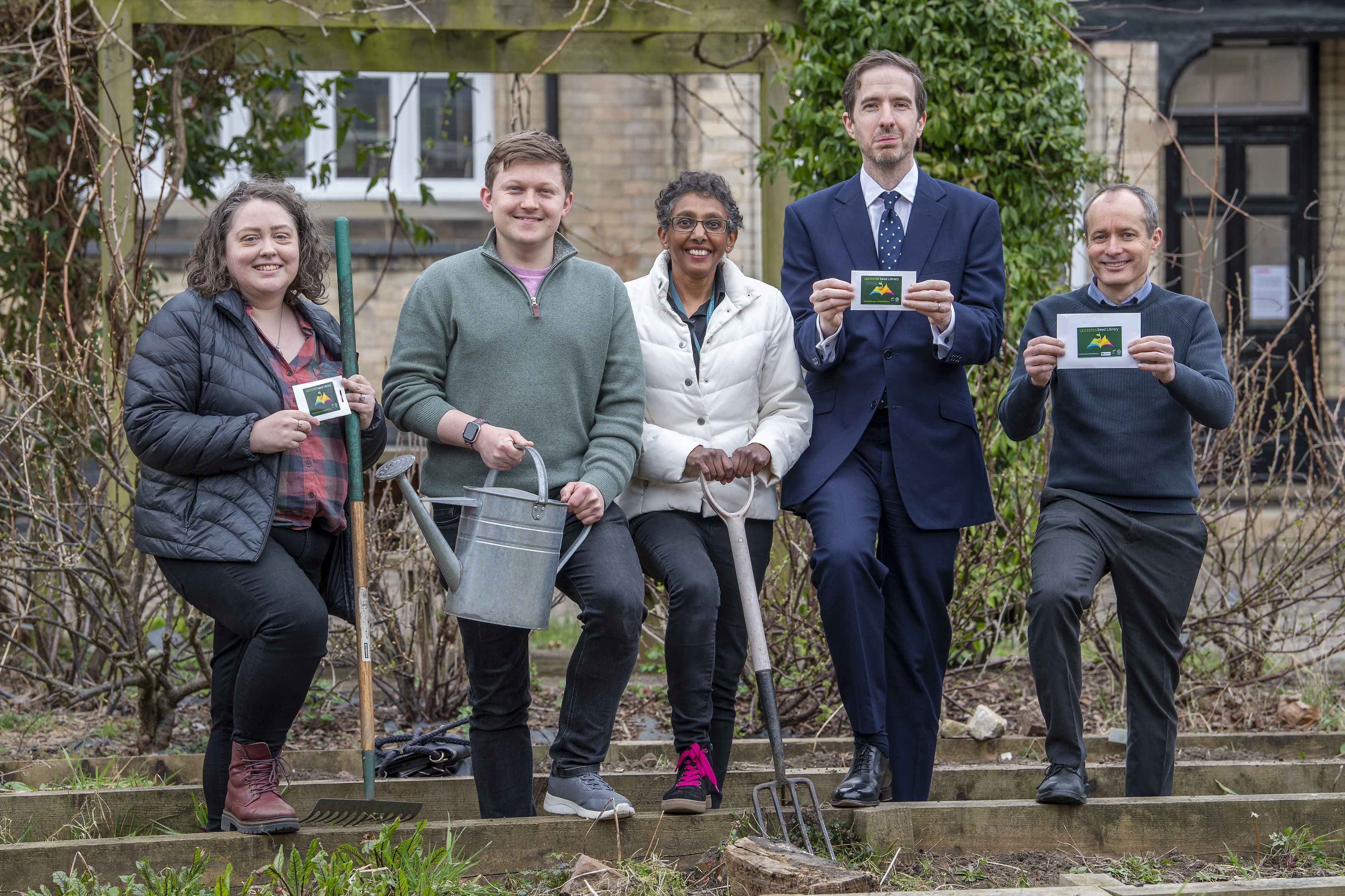 Picture shows l-r Emma Foskett from Leicester Libraries, Leicester City Council; Dr Josh Smalley from University of Leicester; Daxa Ralhan from Public Health at Leicester City Council, Professor Daniel Ladley, Dean of University of Leicester School of Business; Lee Warner, head of neighbourhood services, Leicester City Council.