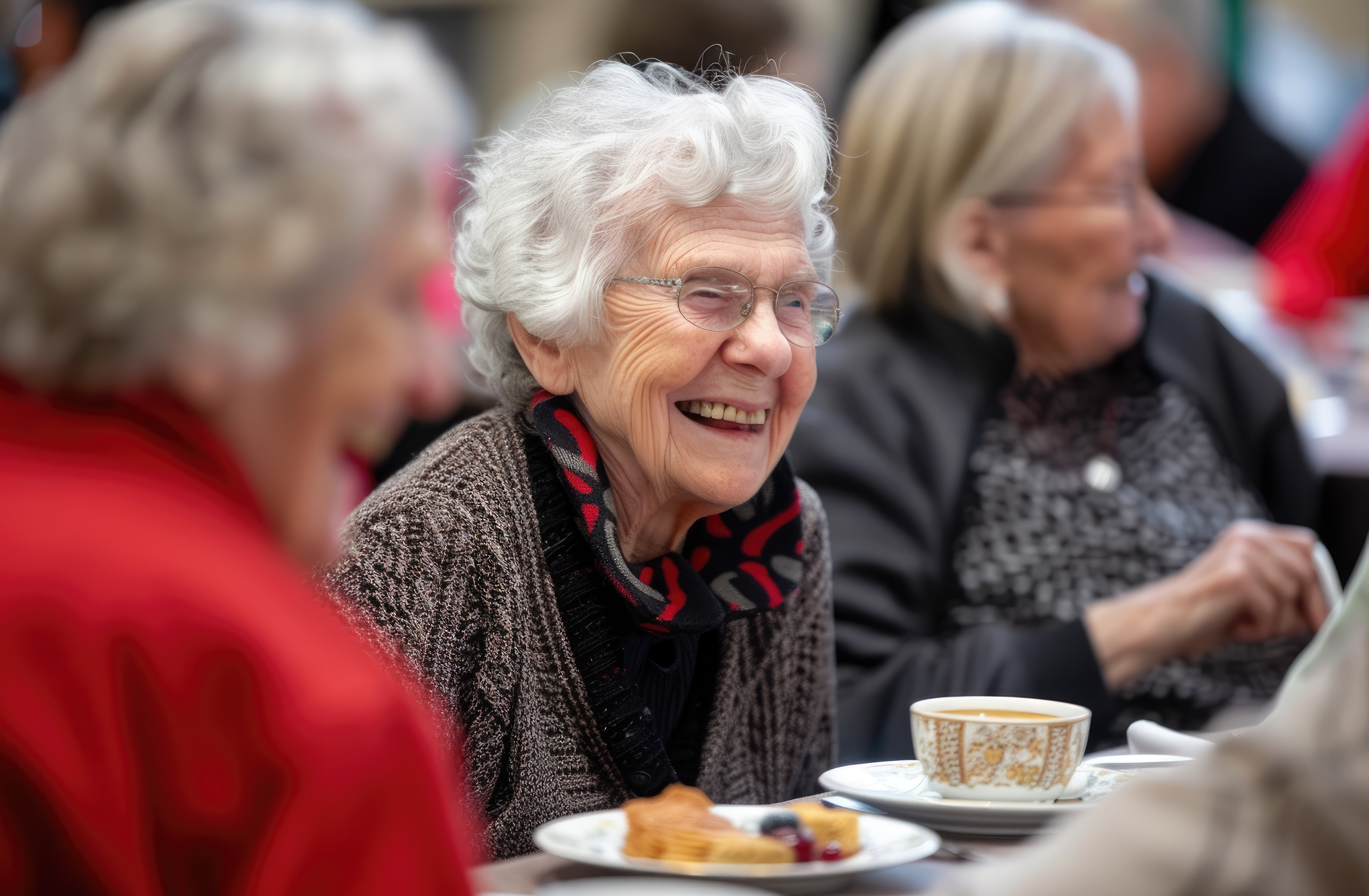 An elderly woman with grey hair sits at a table with tea and cake laughing with others.