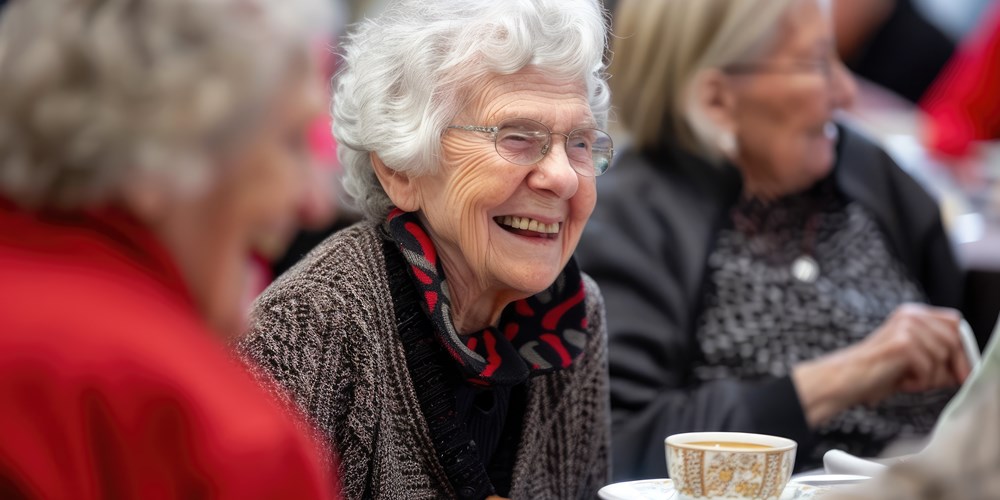 An elderly woman with grey hair sits at a table with tea and cake laughing with others.