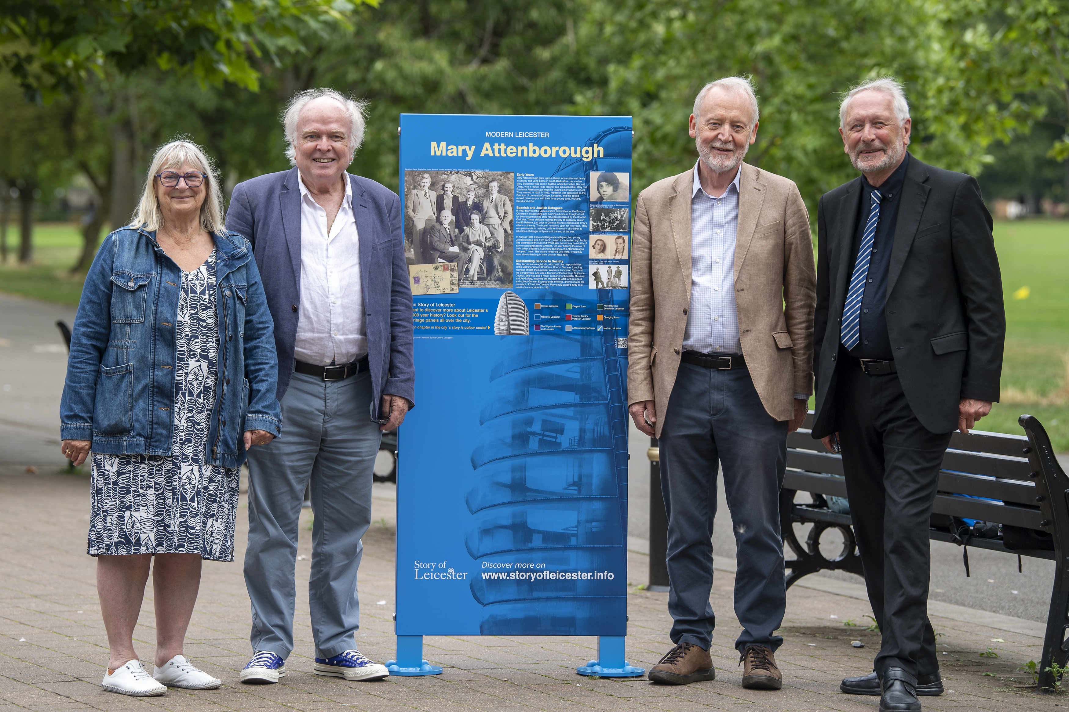 Picture shows left to right Councillor Vi Dempster, Michael Attenborough CBE, Dr Robert Attenborough and city mayor Peter Soulsby with the new heritage panel