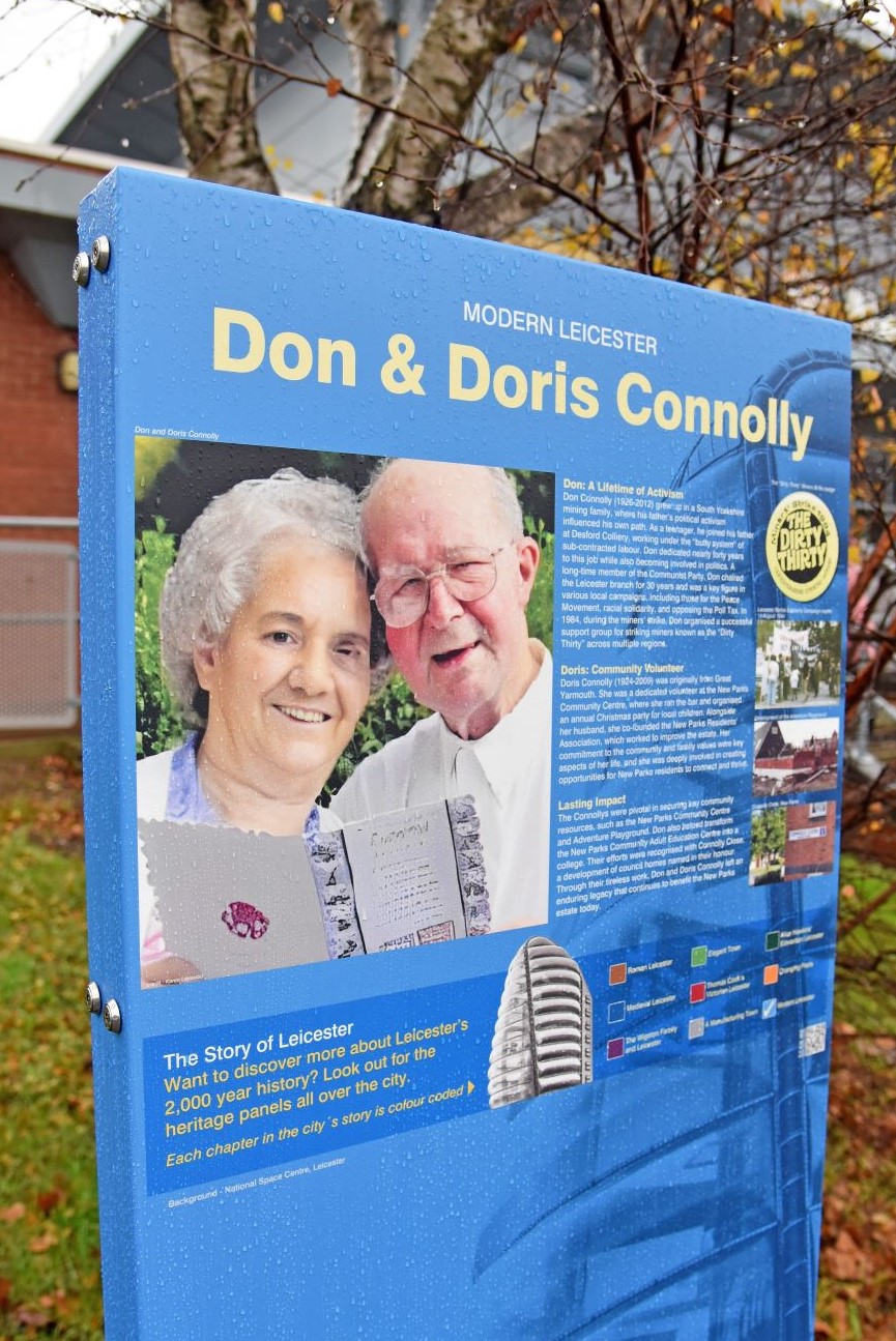 The new heritage panel outside New Parks library that remembers Doris and Don Connolly