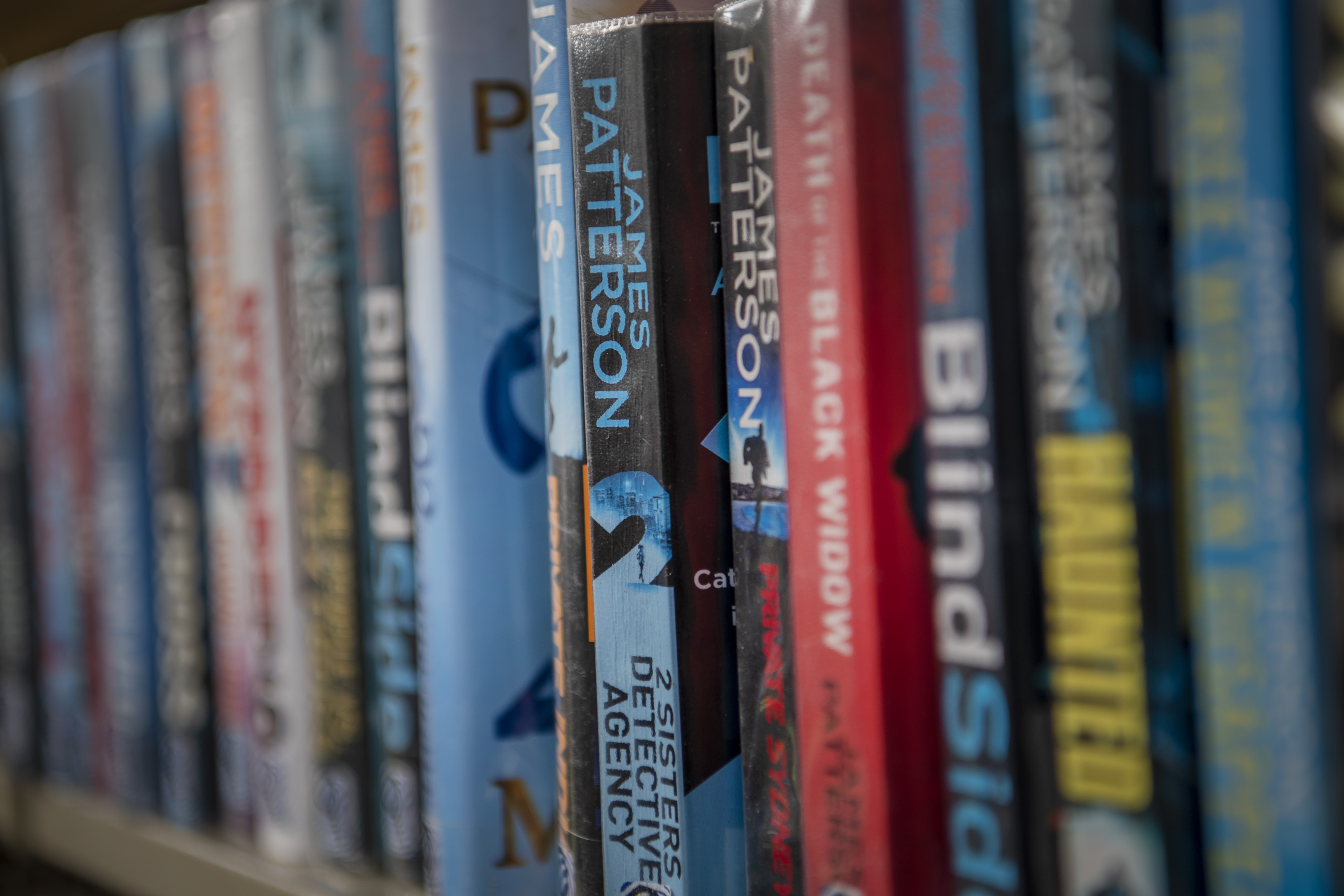 A row of books on a library shelf