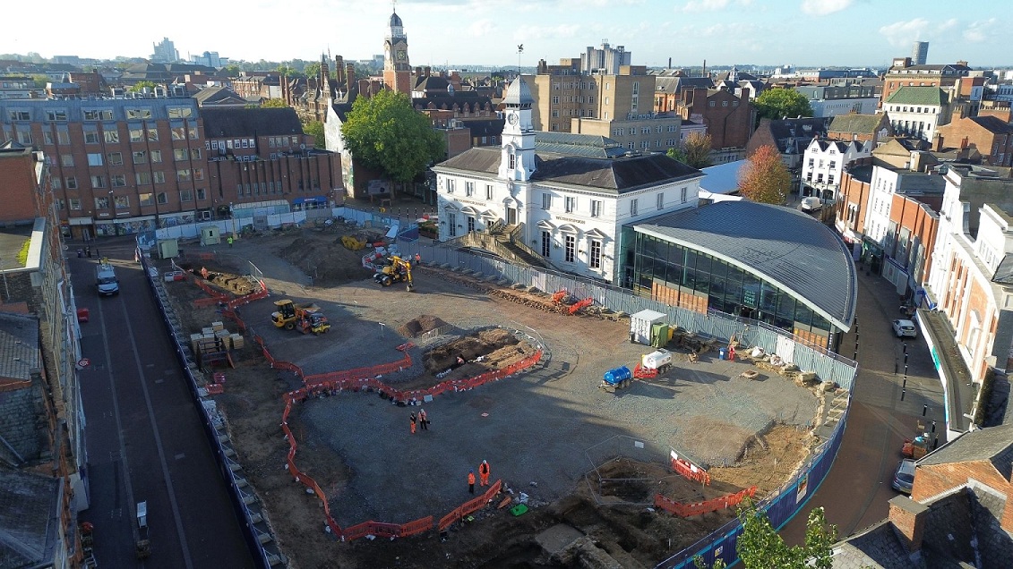Archaeological excavations in front of Leicester's Corn Exchange. Photo credit: ULAS