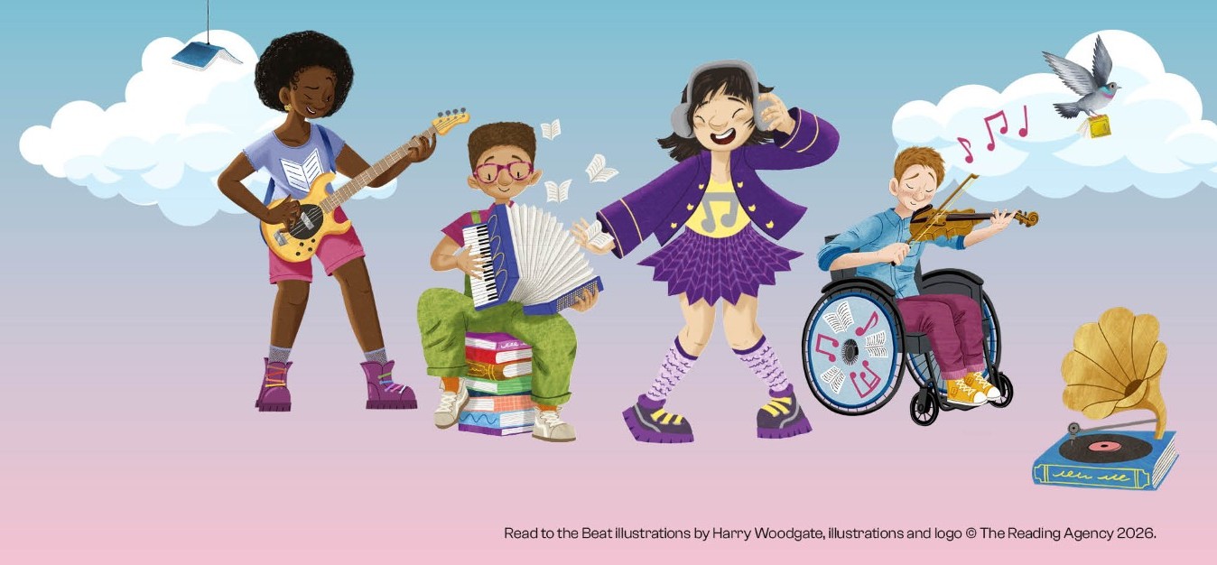 An illustration of children playing music for the Read to the Beat summer reading challenge