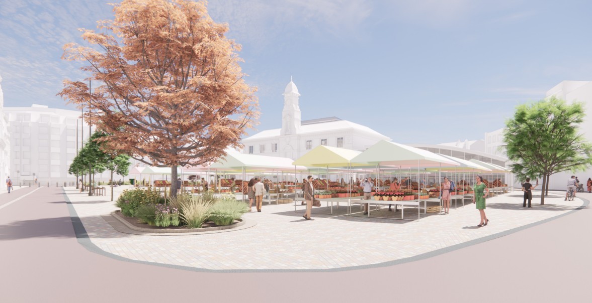 An artist's impression showing market stalls on the new market square
