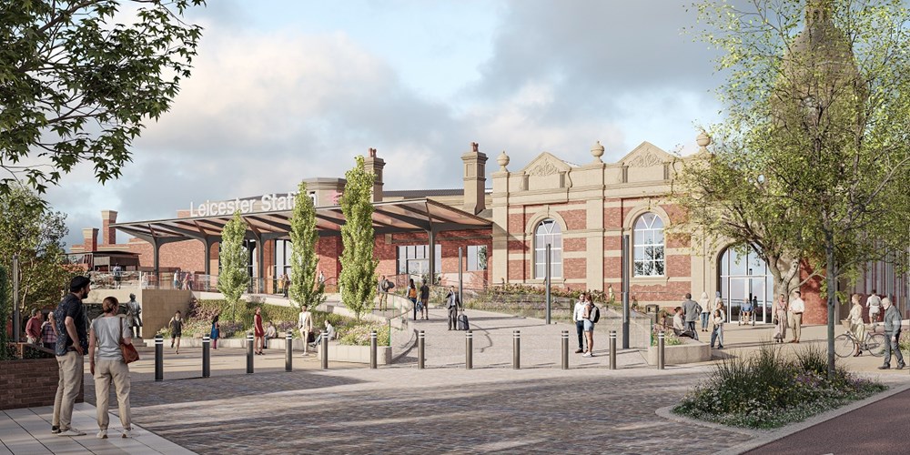 Artist impression of the planned Leicester railway station gateway public plaza and restored facade