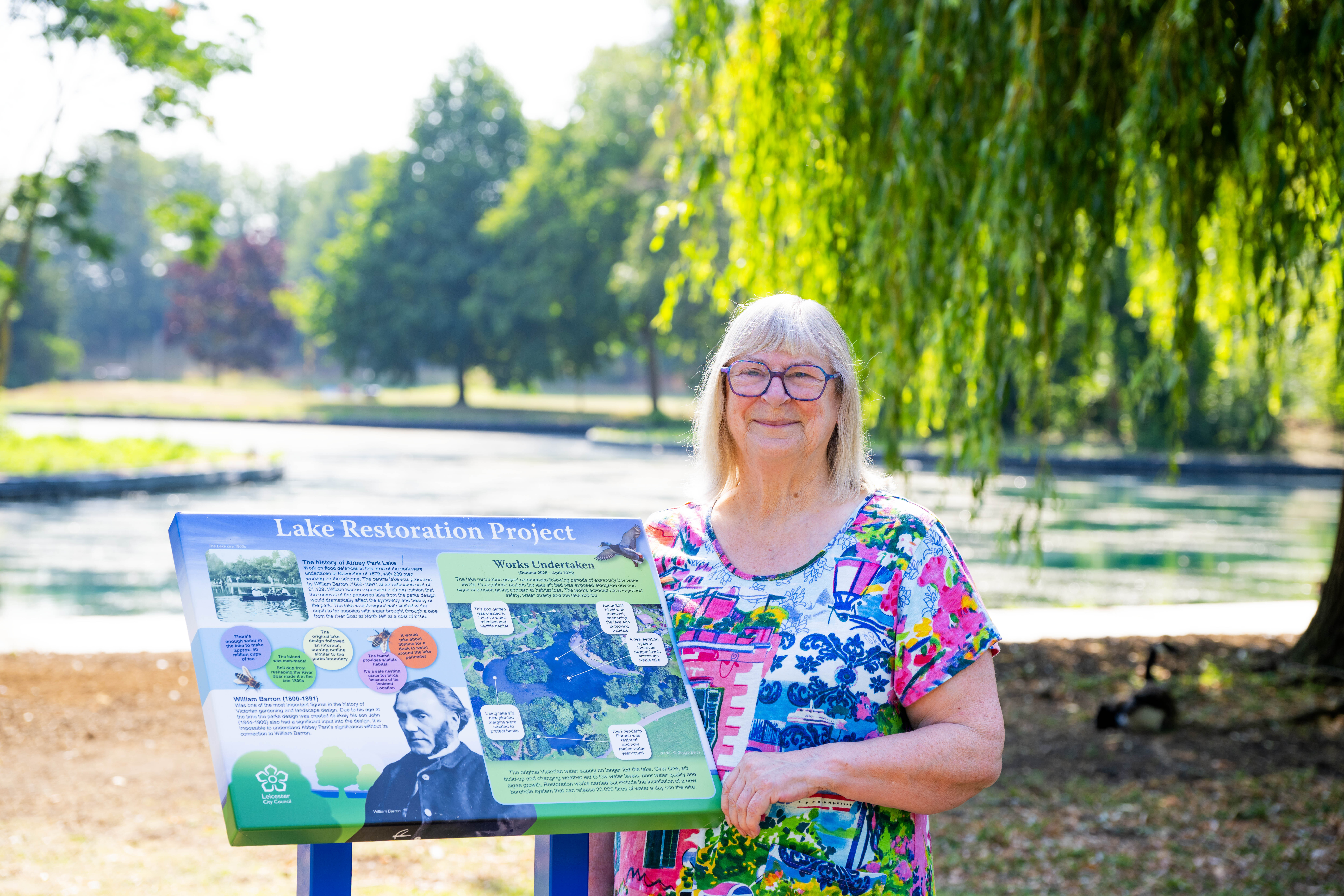 Cllr Vi Dempster visits the restored lake in Abbey Park