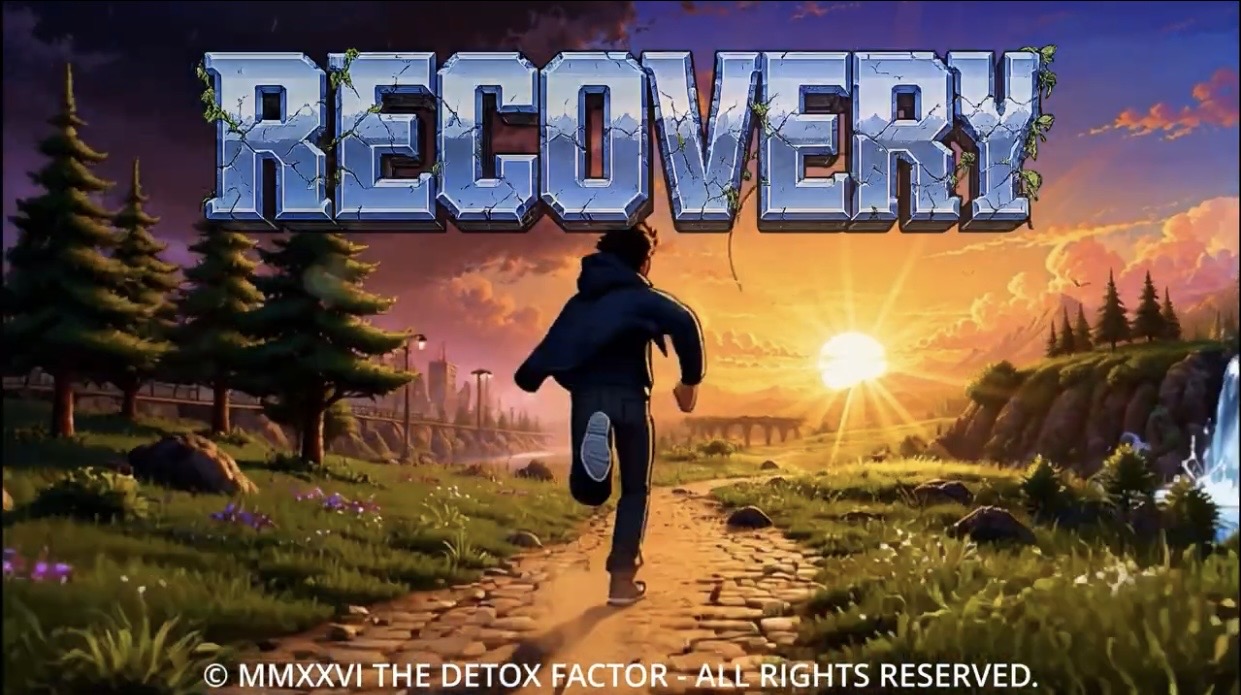A silhouette of a man running towards the sunset with the words Recovery above him.