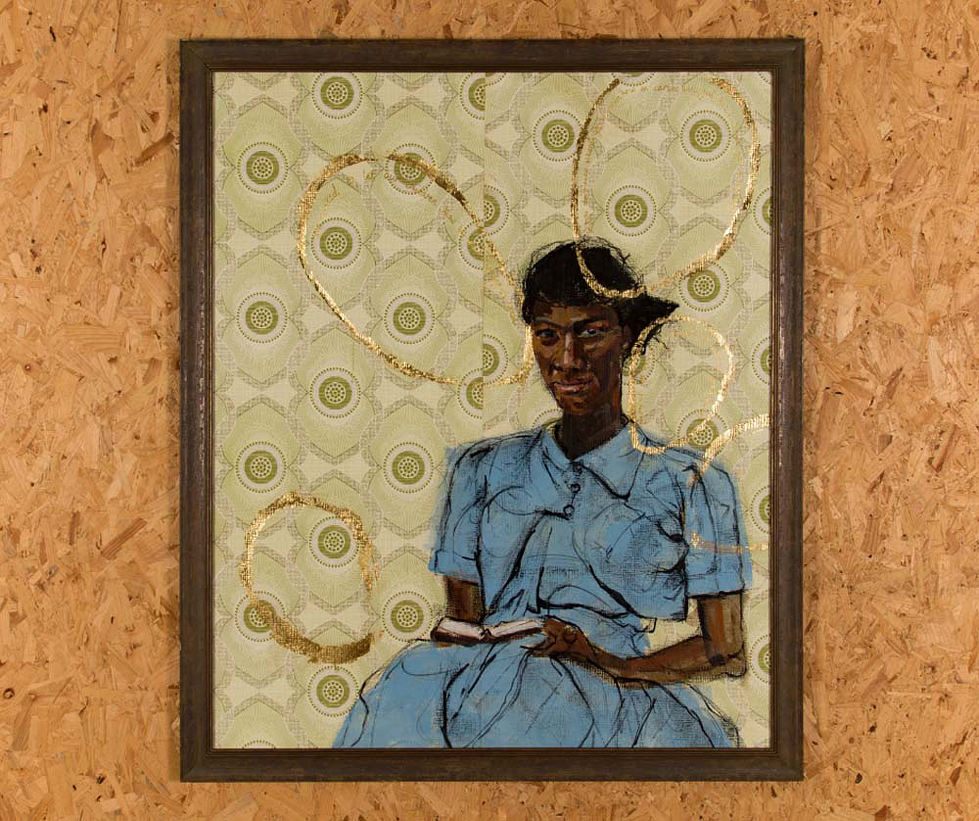 Inimitable Mrs Morton. Portrait of Mrs Elvy Morton by Yvadney Davis (2024). Charcoal, acrylic and gold ink on wallpaper. Purchased from Serendipity Institute for Black Arts and Heritage, commissioned for 100 Black Women Who Have Made A Mark with assistance from Leicester Museums and Galleries Trust (2025)